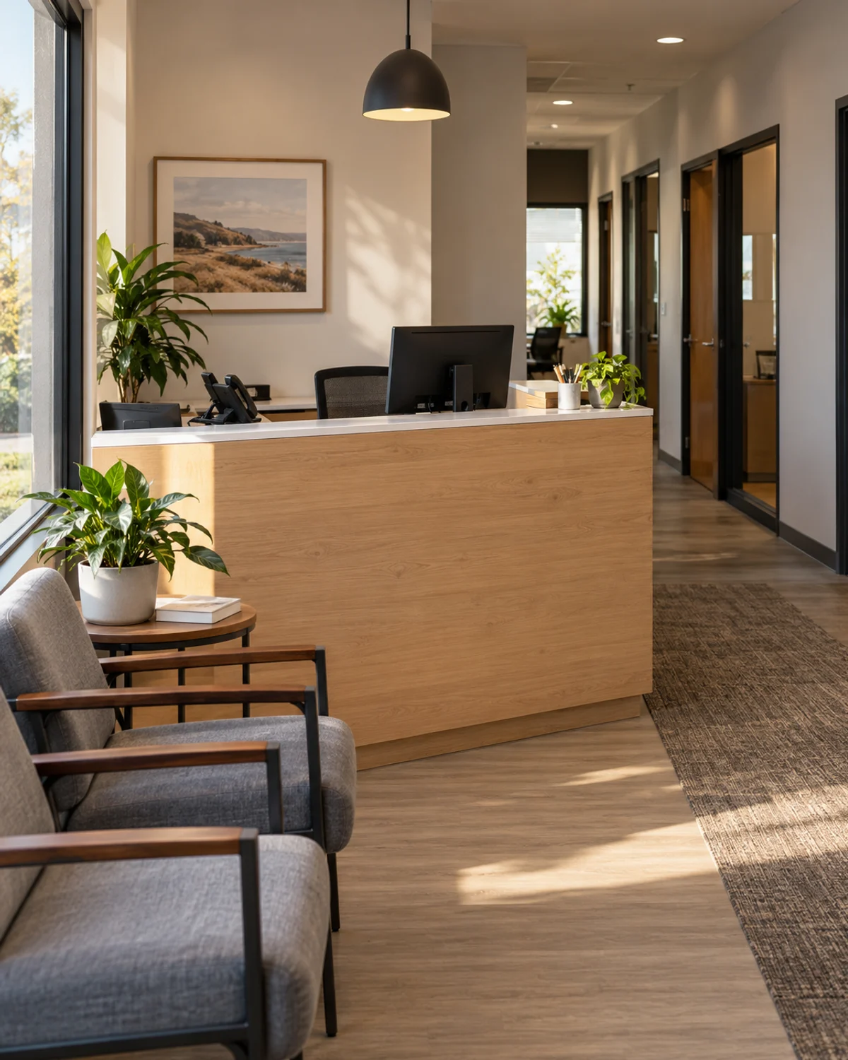 A welcoming business reception desk with a computer and guest seating